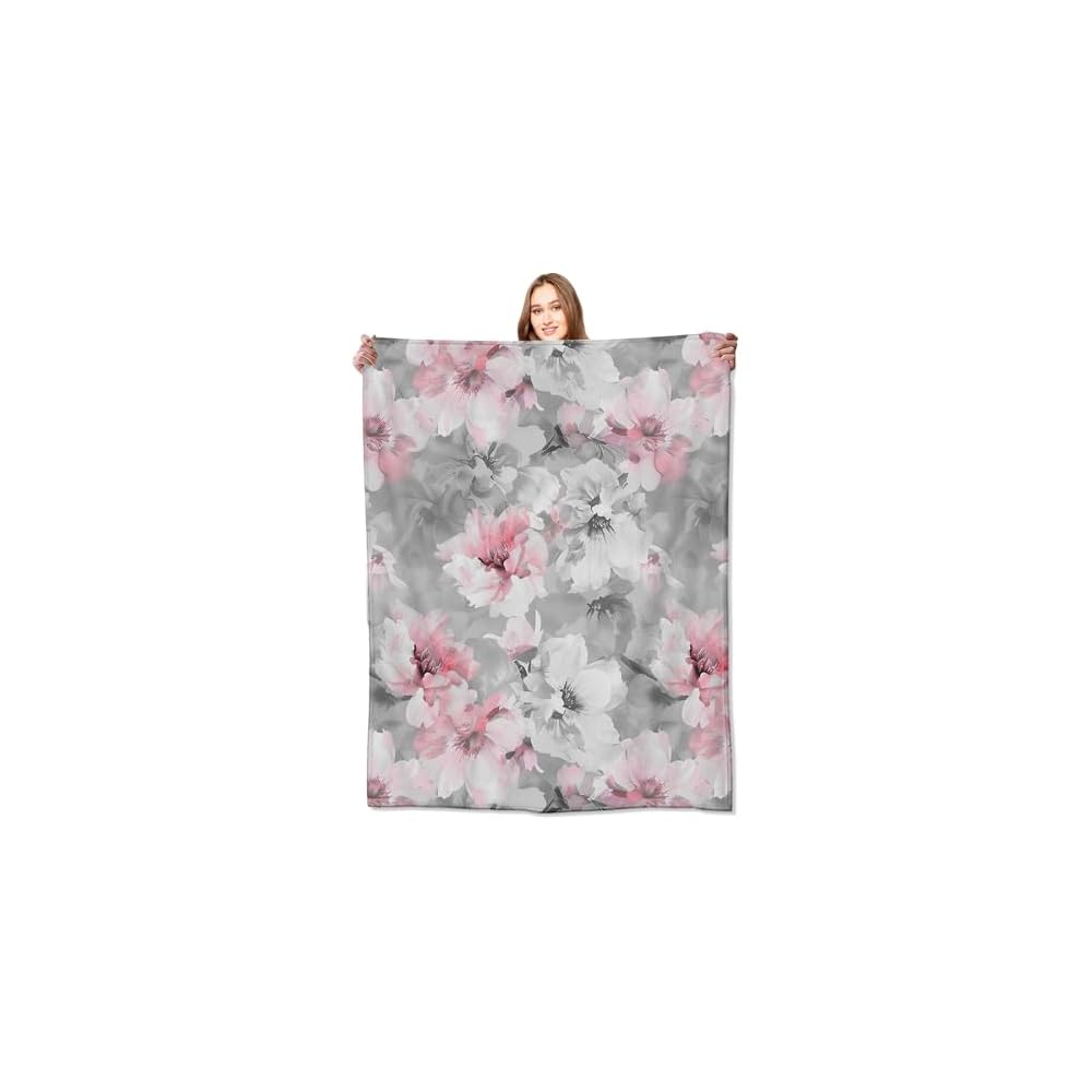 Pink Floral Blanket,Grey White Peony Flower Blossom Romantic Rustic Throw Blankets,Gifts for Women Girls, Lightweight Soft Fleece,for Sofa Couch Bed Room Travel,Modern Fashion Decor,50x60in