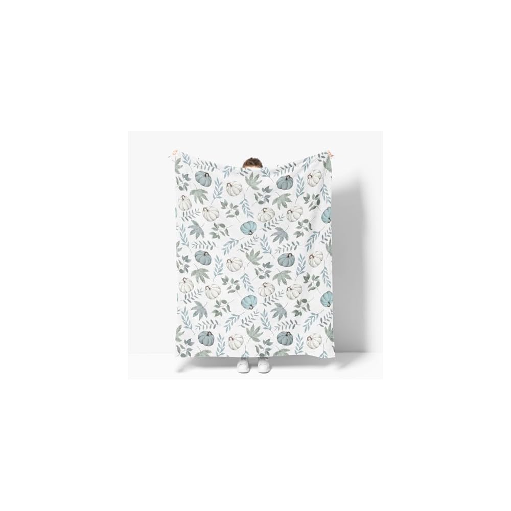 Fall White Pumpkin Blue Leaves Flannel Throw Blanket 50x60