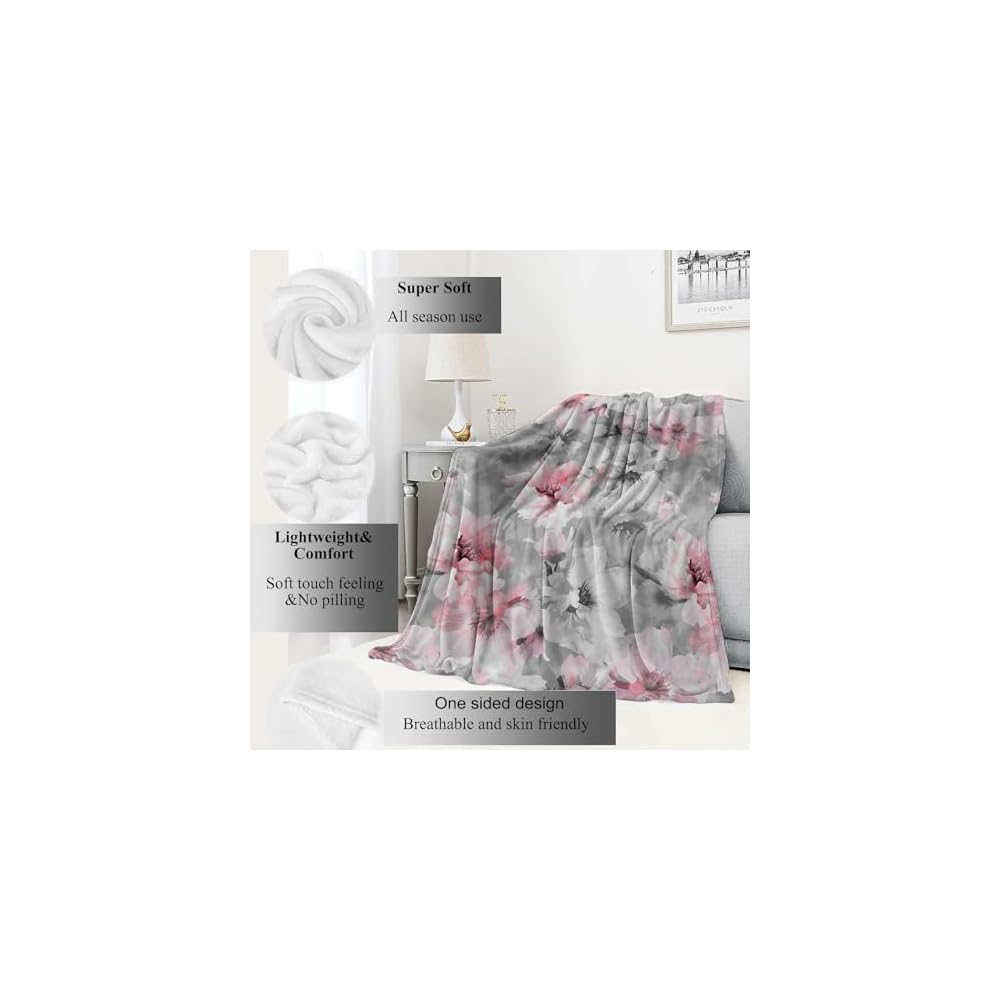Pink Floral Blanket,Grey White Peony Flower Blossom Romantic Rustic Throw Blankets,Gifts for Women Girls, Lightweight Soft Fleece,for Sofa Couch Bed Room Travel,Modern Fashion Decor,50x60in