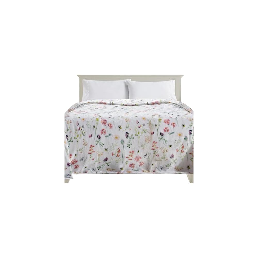 Ultra Soft Print Flannel Fleece Bed Blanket, Cozy-Fuzzy Lightweight Bedspread Coverlet, All Season Decorative Blanket for Couch, Sofa, Floral Design, Queen Size, Bloom