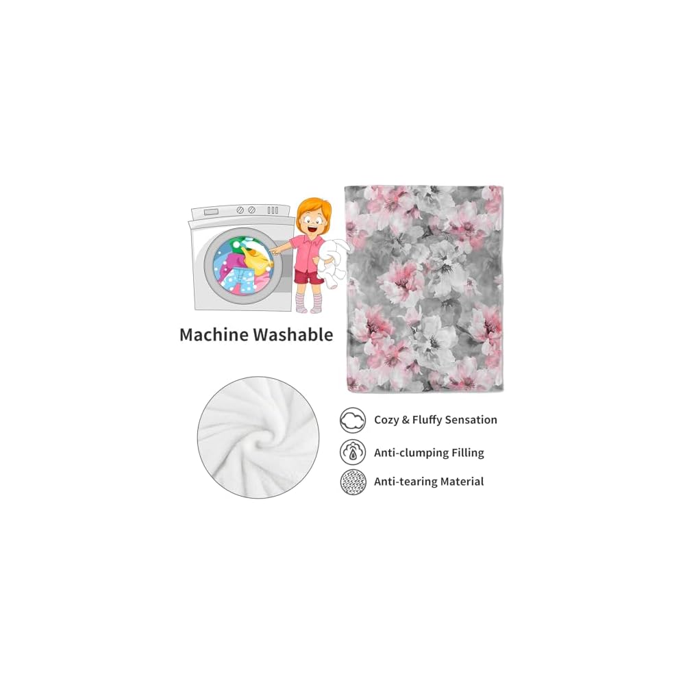 Pink Floral Blanket,Grey White Peony Flower Blossom Romantic Rustic Throw Blankets,Gifts for Women Girls, Lightweight Soft Fleece,for Sofa Couch Bed Room Travel,Modern Fashion Decor,50x60in