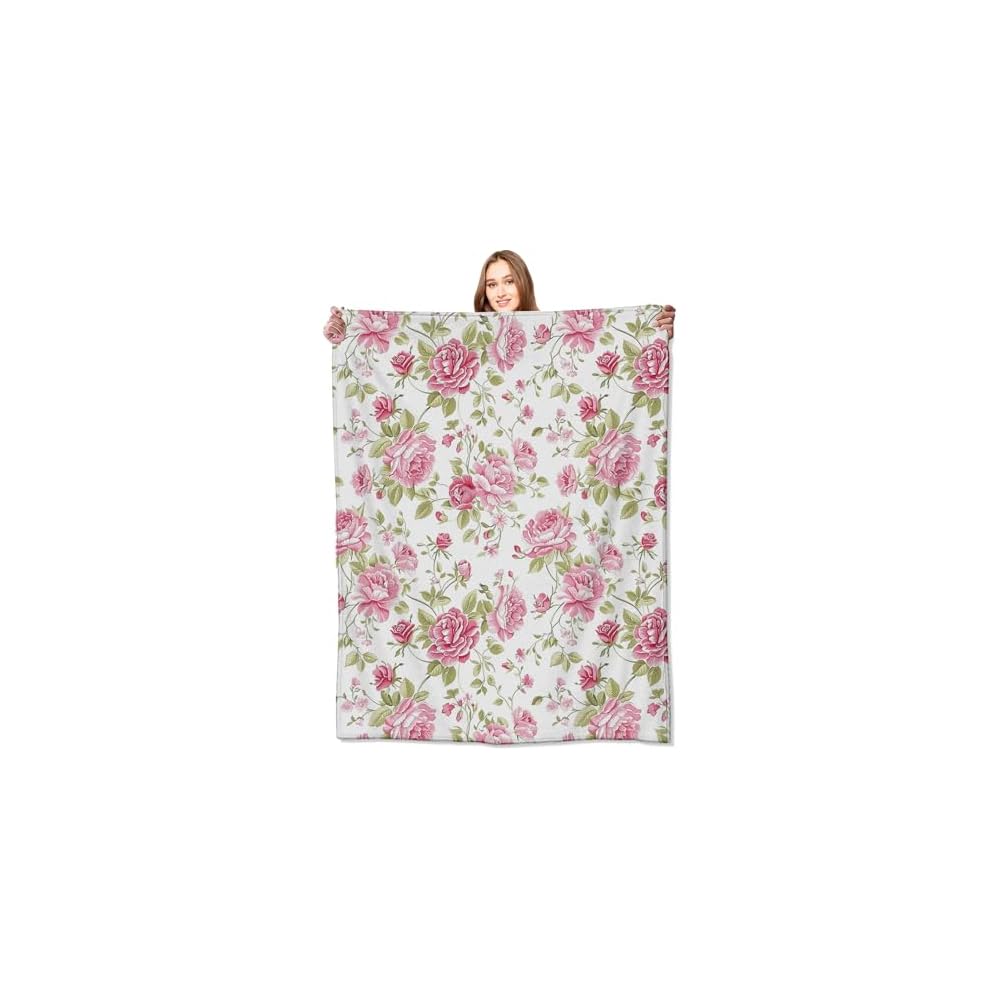 Pink Floral Blanket,Grey White Peony Flower Blossom Romantic Rustic Throw Blankets,Gifts for Women Girls, Lightweight Soft Fleece,for Sofa Couch Bed Room Travel,Modern Fashion Decor,50x60in