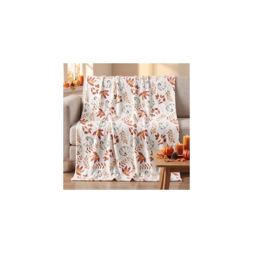Fall White Pumpkin Blue Leaves Flannel Throw Blanket 50x60