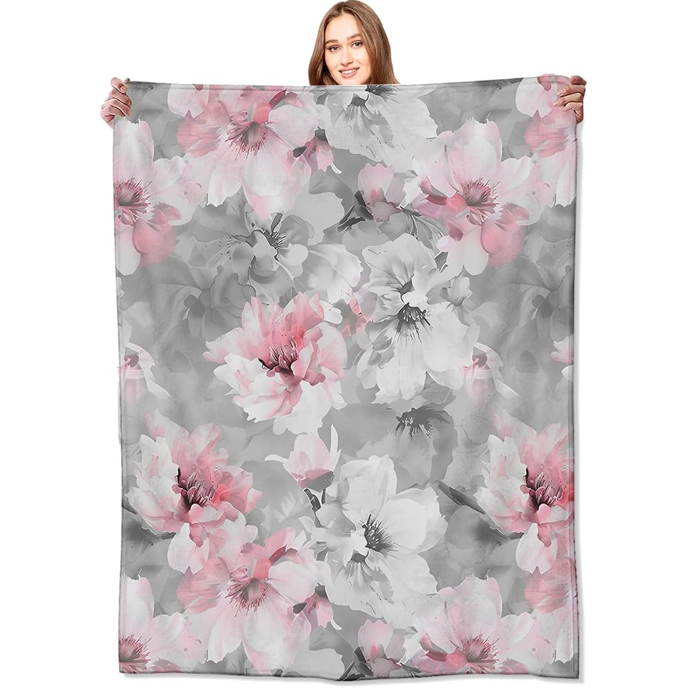 Pink Floral Blanket,Grey White Peony Flower Blossom Romantic Rustic Throw Blankets,Gifts for Women Girls, Lightweight Soft Fleece,for Sofa Couch Bed Room Travel,Modern Fashion Decor,50x60in