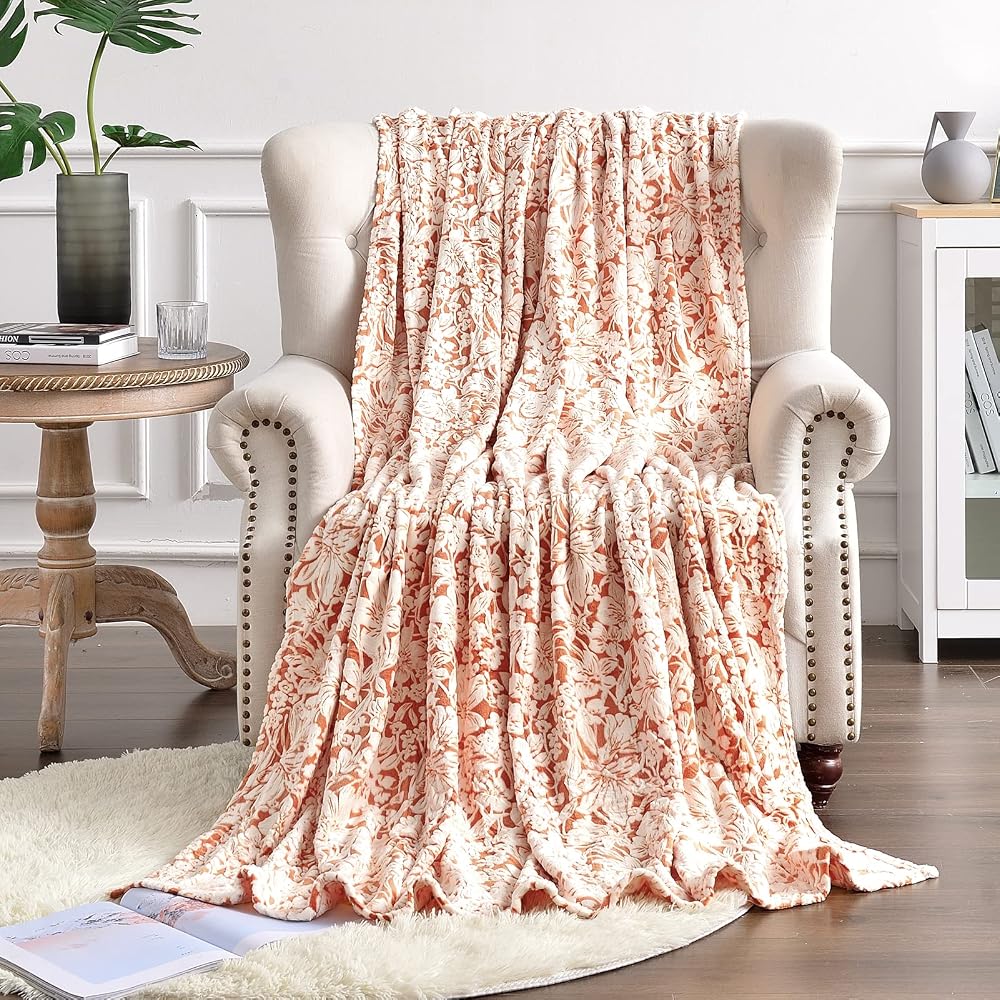 Flannel Fleece Throw Blanket Super Soft Lightweight Microfiber with Flower Print for Couch, 90"X108", Orange
