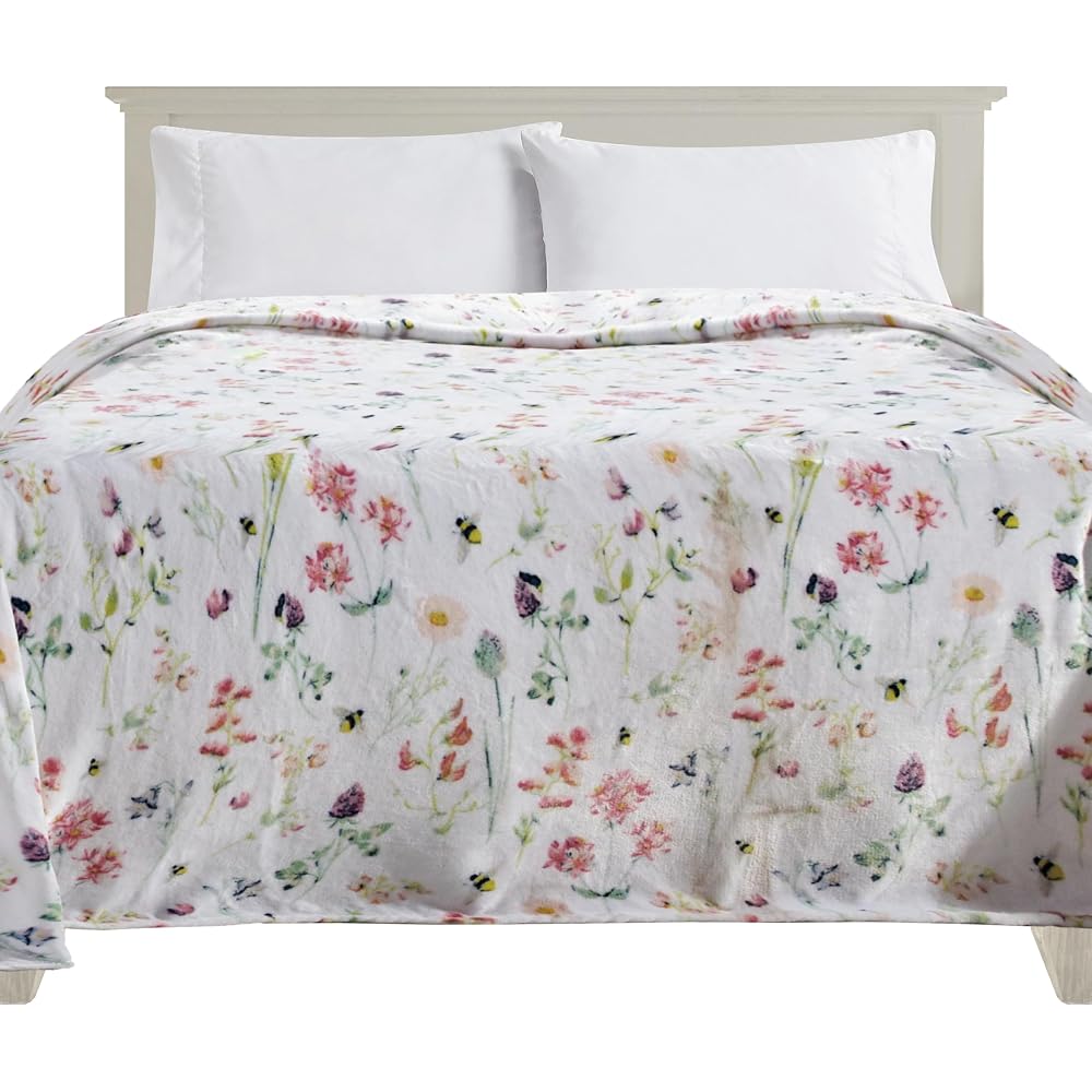 Ultra Soft Print Flannel Fleece Bed Blanket, Cozy-Fuzzy Lightweight Bedspread Coverlet, All Season Decorative Blanket for Couch, Sofa, Floral Design, Queen Size, Bloom
