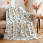 Fall White Pumpkin Blue Leaves Flannel Throw Blanket 50x60