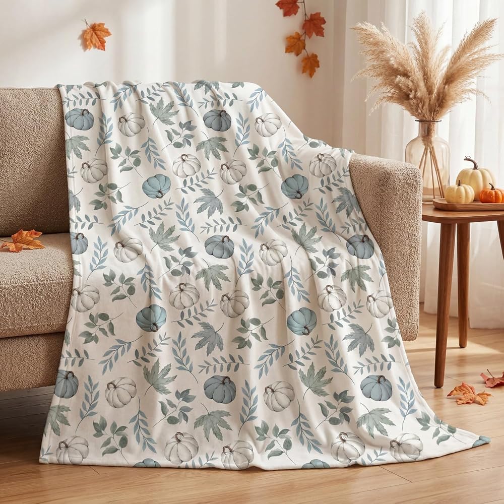 Fall White Pumpkin Blue Leaves Flannel Throw Blanket 50x60