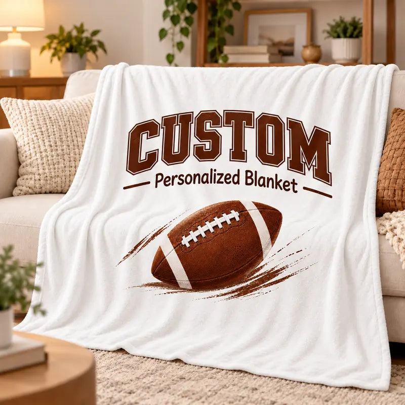 60*80INCH Football Blanket Personalized Name & Photo Soft Throw Blanket, Lightweight Cozy Flannel Blanket for Sofa Bed, Football Fan Gift, Birthday & Holiday Home Decor